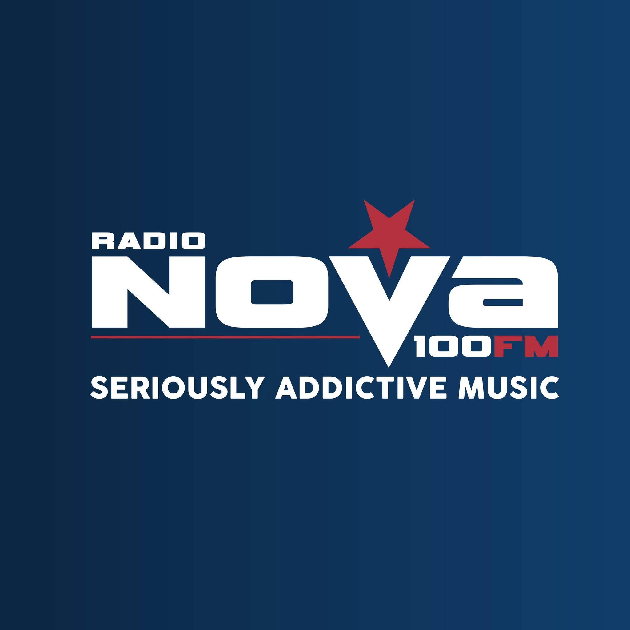 Radio Nova logo white harp on dark green background