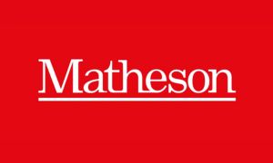 Matheson underlined and in white font. Celebrating 200 years in white font. Red background.